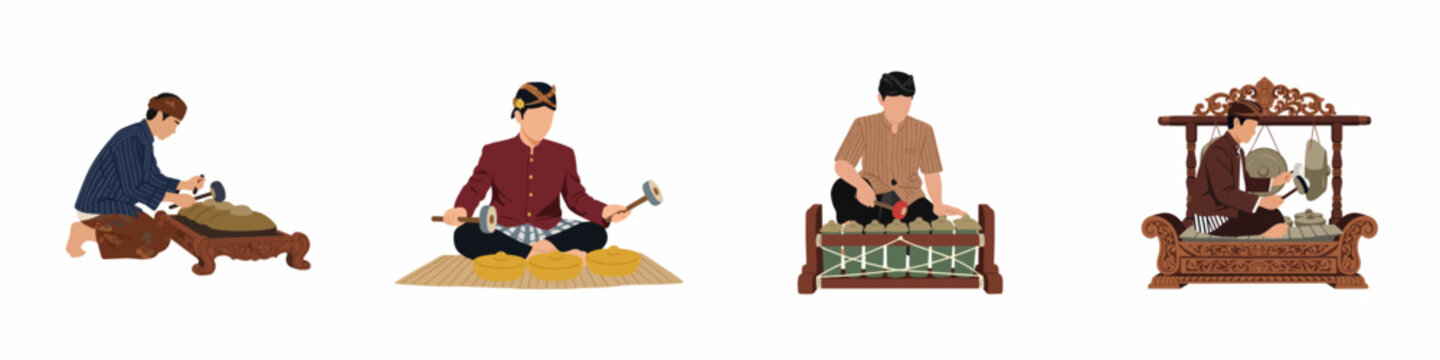 Set of illustrations depicting men in traditional Javanese attire playing various Indonesian gamelan musical instruments like gongs and metallophones on a white background.