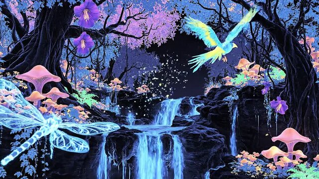 Exotic visuals in uvlit jungle paradise concept. Vibrant neon jungle scene with colorful lizard bird and glowing plants in fantasy forest
