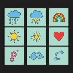 Obraz premium A grid of nine colorful weather and nature icons presented in a simple hand-drawn cartoon style Vector