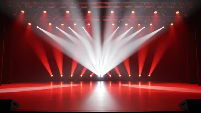 Professional symmetrical stage setup with red ambient lighting and bright white spotlight beams shining down on a reflective floor with visible haze and metal ceiling trusses.