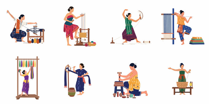 Illustrations of Southeast Asian Women Engaged in Traditional Textile Making Processes like Weaving, Spinning, and Dyeing