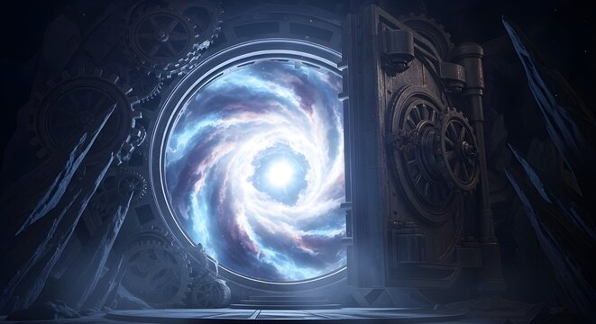 3D illustration of a digital vault door in a cloud environment. Glowing blue light representing data privacy, cloud security, and cyber protection.