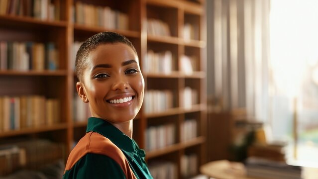 L&auml;chelnde Afroamerikanische Studentin in Bibliothek