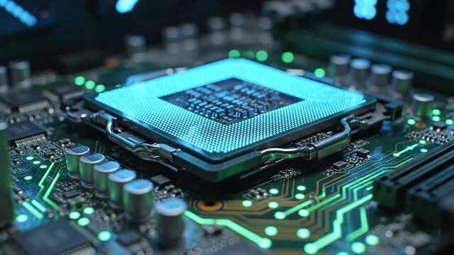 Macro view of a high-performance central processing unit CPU seated in a motherboard socket featuring glowing blue internal illumination and bright green light flowing through circuit traces.