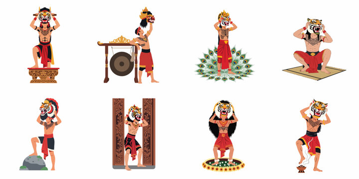 Set of traditional Indonesian Reog Ponorogo dancer illustrations featuring Singo Barong tiger masks, peacock feathers, and ritual elements in a flat vector style.