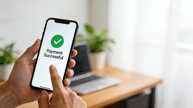 Mobile payment successful on smartphone screen hand holding device with green checkmark icon online shopping confirmation digital transaction complete modern business technology