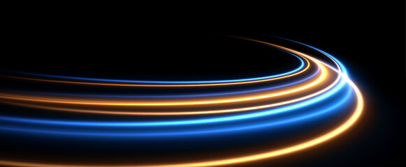 Abstract digital background adorned with fast-moving light trails and glowing gradient effects. A futuristic design illustrating speed, data flow, and global network connectivity in cybersp © Ihor Nemynushchyi