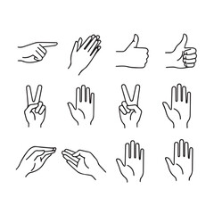 Fototapeta premium Collection of Hand Gestures Icons: Pointing Clapping Thumbs Up Peace Sign Open Palm Minimalist Line Art