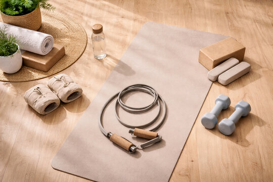 Top View Pilates Equipment on Beige Studio Floor Background