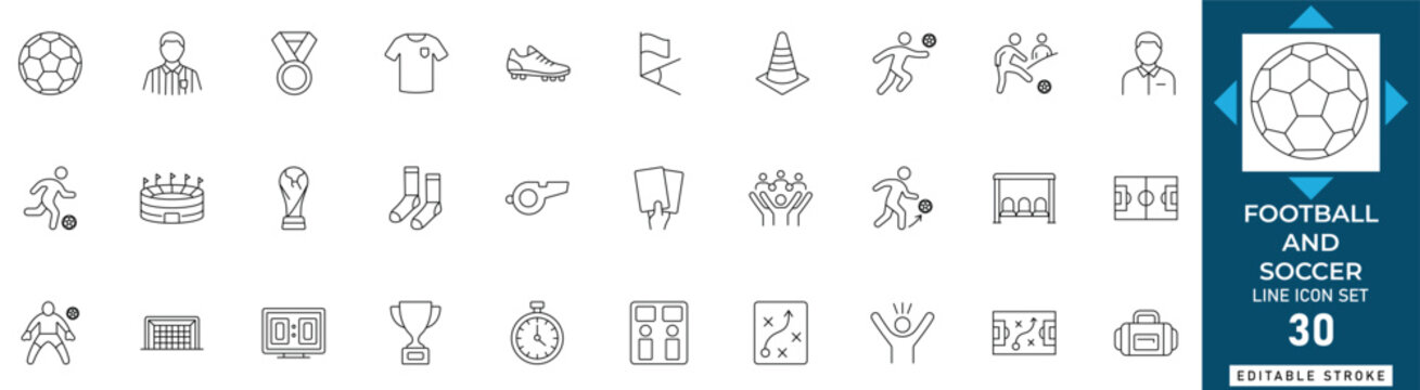 Football and soccer line icon set featuring match, goal, ball, stadium, player, championship, tournament, and score. Professional editable vector illustration.
