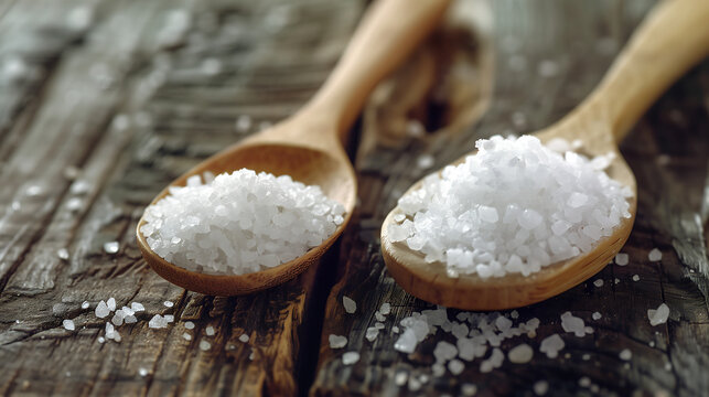 Two wooden spoons with table salt: the left spoon has a small amount of salt (less than half a teaspoon), the right spoon has a large mound of salt (two teaspoons), a contrast between minimal and exce