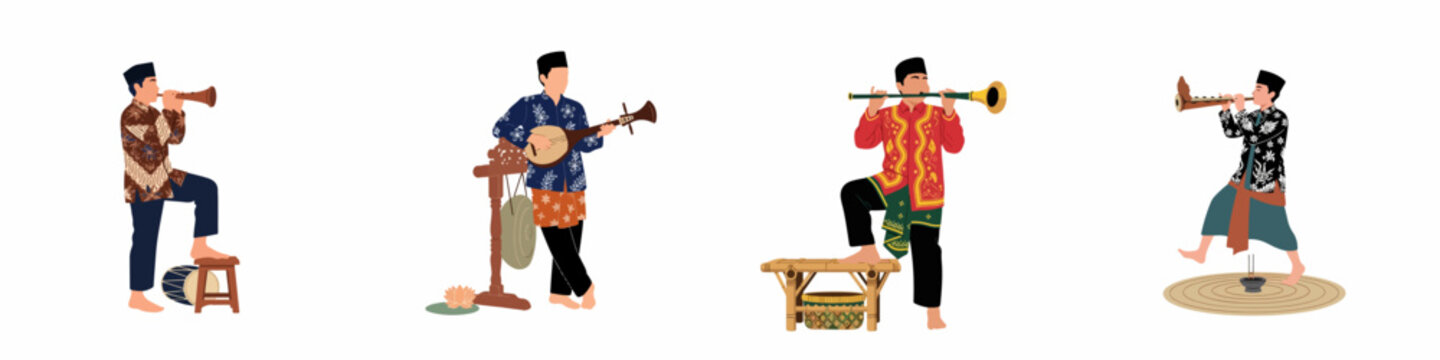 Collection of four Indonesian musicians in traditional batik and peci playing various traditional musical instruments, flat illustration isolated on white.