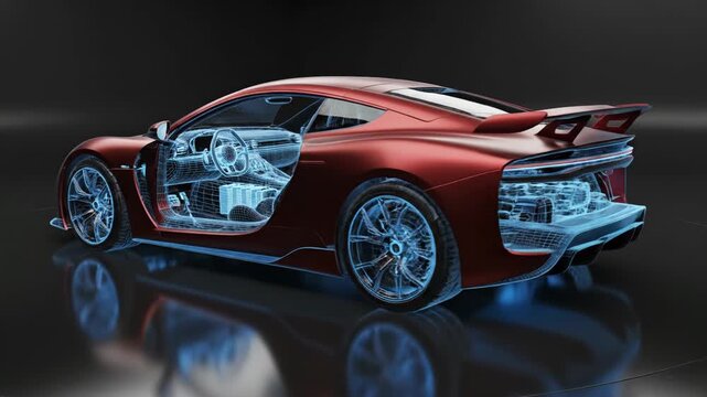 Detailed 3D render of a metallic bronze sports car featuring blue holographic wireframe overlays on the front bumper and wheels, illustrating automotive engineering and CAD design.