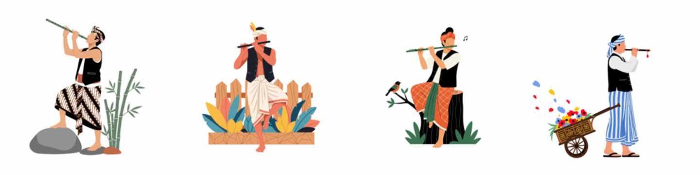 Vector illustration set of men in traditional Indonesian clothing playing the bamboo flute in different nature settings, isolated on white background.