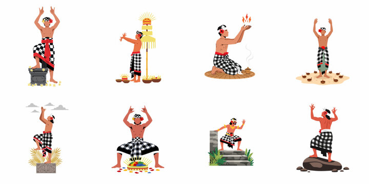 Vector Illustration Set of Balinese Men Performing Traditional Ceremonies, Kecak Dance, and Ritual Offerings in Authentic Cultural Attire