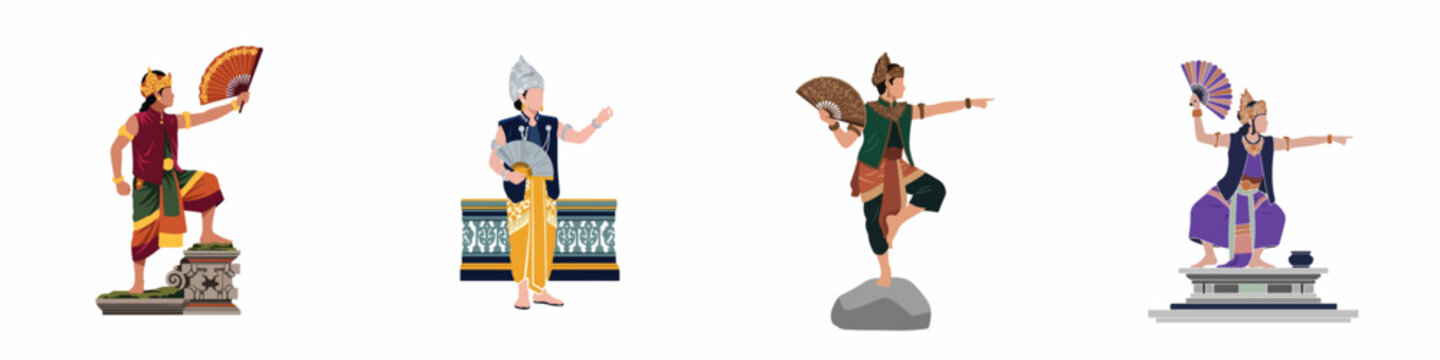 Set of Balinese traditional dancers in various poses and colorful costumes, holding fans against a white background.