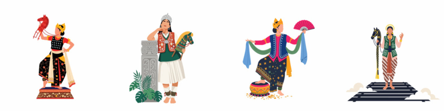 Collection of Indonesian traditional female dancers in colorful ethnic costumes performing various classical dances with cultural props on a white background.