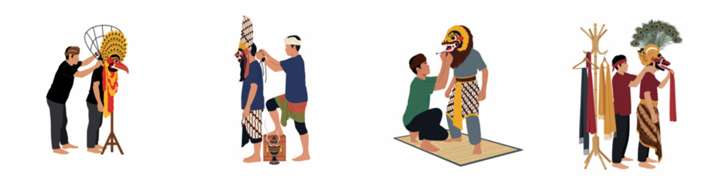 Flat vector illustration of Indonesian men preparing traditional masks and costumes for a cultural performance or dance ritual.