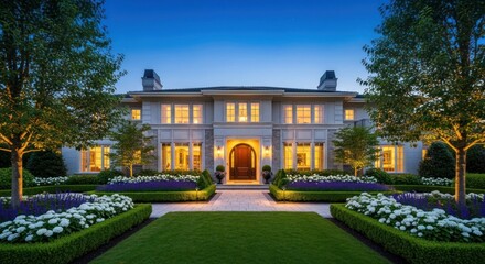 Obraz premium A grand, two-story mansion with a symmetrical facade and a central entrance, surrounded by meticulously manicured gardens and towering trees.