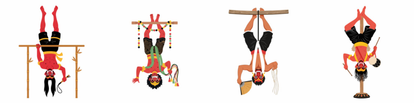 Set of traditional Indonesian folk performers hanging upside down wearing red devil masks and ethnic costumes, flat vector illustration isolated on white.