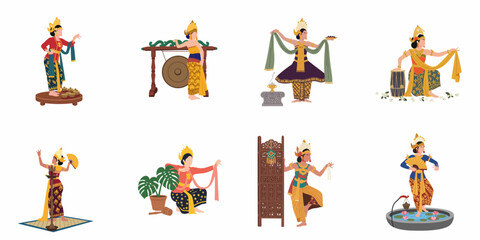 Fototapeta premium Collection of flat illustrations depicting traditional Indonesian dancers in vibrant ethnic costumes performing various cultural dances and playing musical instruments on a white background.