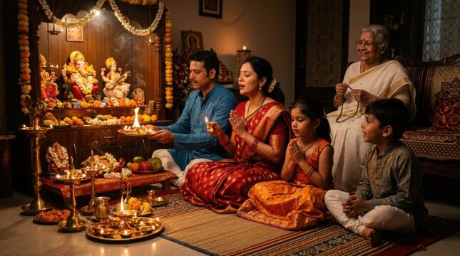 Indian family performing traditional puja ceremony at home