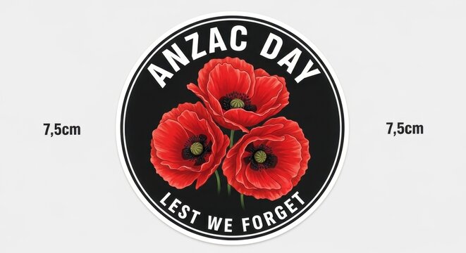 A circular sticker design commemorating anzac day with three red poppies and lest we forget text.