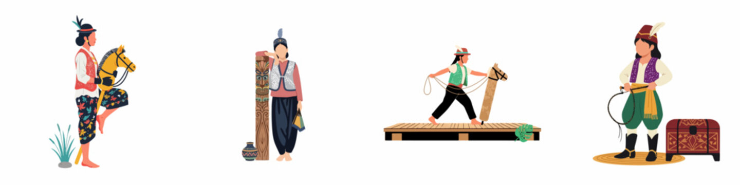 Flat vector illustrations of children in traditional Indonesian Javanese attire, performing cultural dances and showcasing various ethnic folk elements.