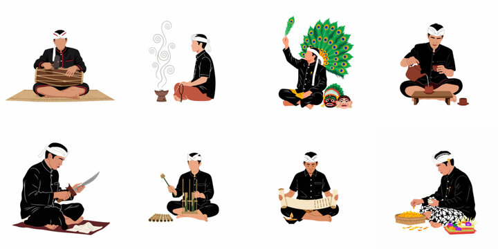 Set of Balinese Man Illustrations Performing Traditional Cultural Activities and Rituals in Traditional Dress