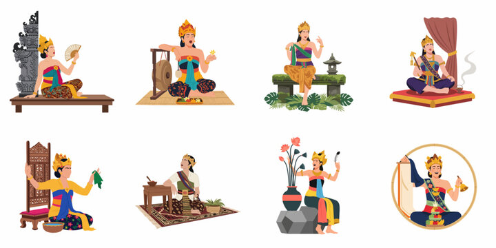 Set of vector illustrations depicting Balinese women in traditional attire engaged in cultural rituals, spiritual practices, and daily life in Bali, Indonesia.