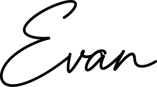 A stylish black signature of the name Evan on a white background