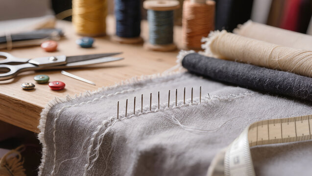 Close-up of sewing process with row of steel needles inserted in gray linen fabric with white stitching on tailor table, blurred colorful thread spools, scissors, and buttons, craft concept