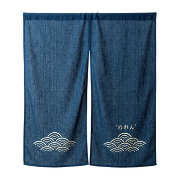 Indigo dyed Japanese noren curtain with wave pattern