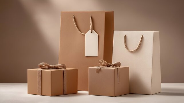 Elegant collection of gift bags and boxes in muted tones, perfect for any occasion or celebration.
