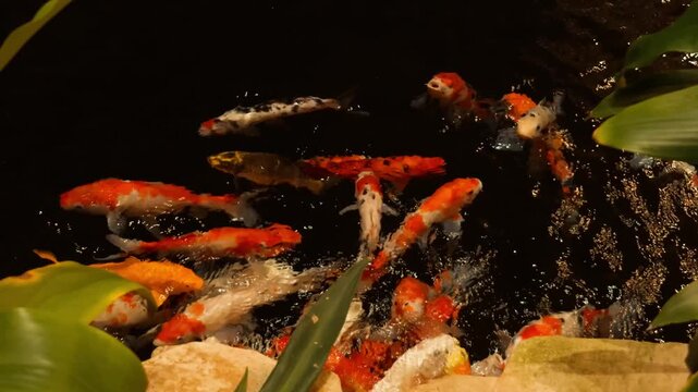 Colorful koi fish swimming actively and creating ripples in a dark outdoor pond, surrounded by green foliage and light colored stones, representing tranquility and natural harmony