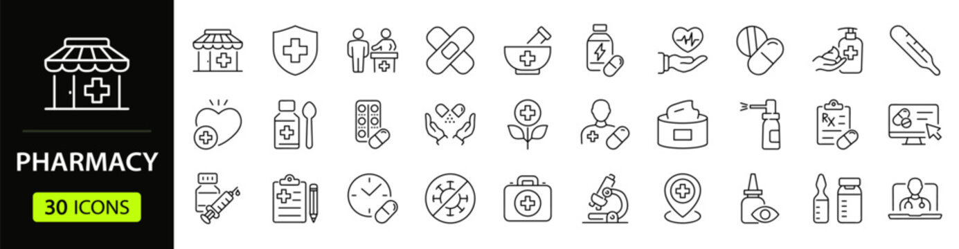 Pharmacy Web Icon Set in Linear Style. Collection of pharmaceutical, line icons, including pills, medicine, medication, treatment, syringe, prescription, pharmacist, medical and more. Editable stroke