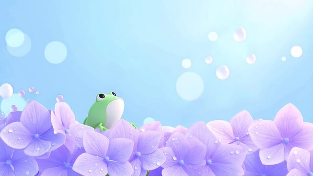 梅雨の雨が降り注ぐ薄紫色の紫陽花とカエルのアニメーション
