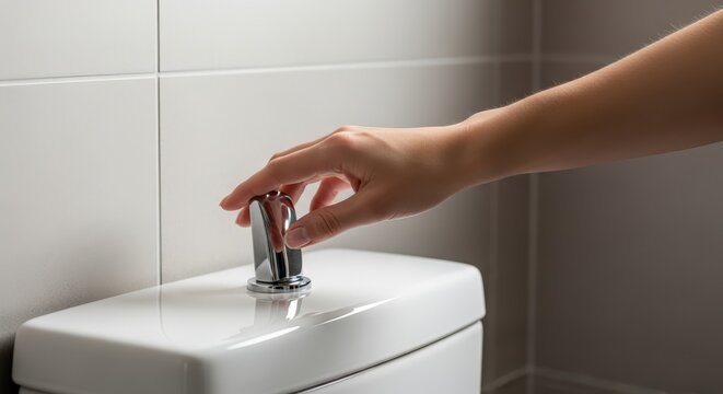 Hand pressing flush button on toilet tank