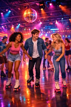 Smiling friends roller skating together under disco lights at vibrant retro rink in joyful nighttime atmosphere