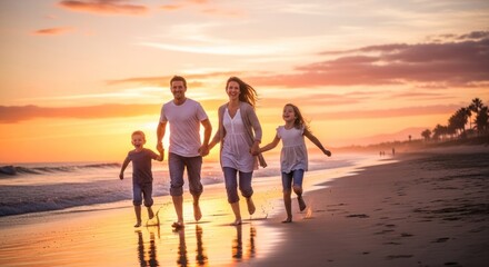 Fototapeta premium A family of four runs along the beach at sunset, with the sun setting over the ocean and the waves crashing on the shore.