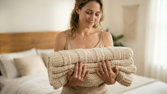 Caucasian woman homemaker holding folded chunky knit blanket in bedroom. Cozy home interior design and comfort lifestyle banner with copy space