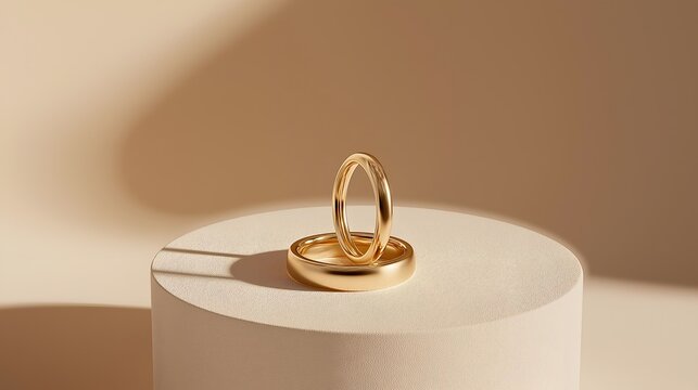 Elegant golden rings displayed on a minimalist pedestal, showcasing luxury and modern design aesthetics.