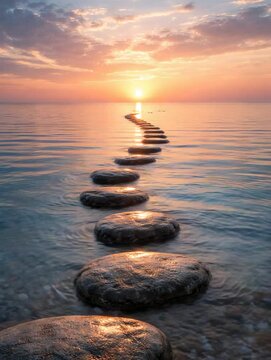 Stone path in calm sea leading to sunset horizon peaceful minimal nature meditation scene