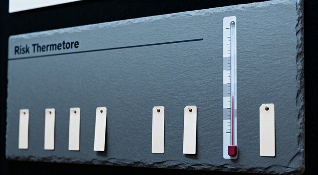 Risk Thermometer Panel. A vertical thermometer shows colored bands replaced by neutral zones with blank alert tags on a slate board