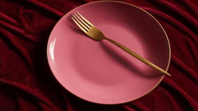 Elegant pink plate with a golden fork resting on a luxurious red velvet surface, perfect for gourmet dining.