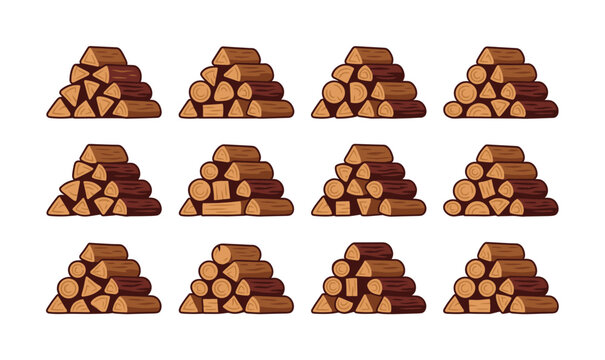 A set of cartoon firewood stack illustrations. Vector log piles perfect for rustic designs, camping graphics, winter themes, and heating concepts. Natural and cozy.