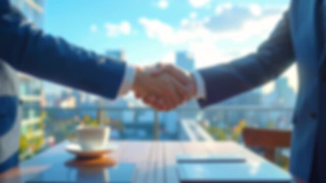 ぼかし背景素材: 都会の屋上カフェで握手を交わすスーツ姿の男性の手元　ビジネス、商談、契約イメージ