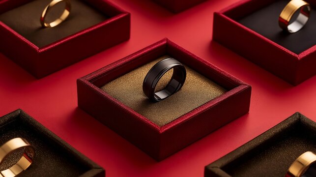 Elegant rings displayed in red boxes, showcasing luxury and style for special occasions and celebrations.