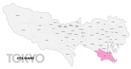 Fototapeta premium [日本地図] 東京都大田区の市区町村名入り位置地図 (英語)