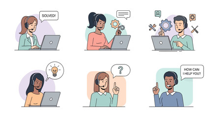 Fototapeta premium Professional customer service representatives with headsets and laptops working in call center, solving technical problems and helping clients, vector illustration set